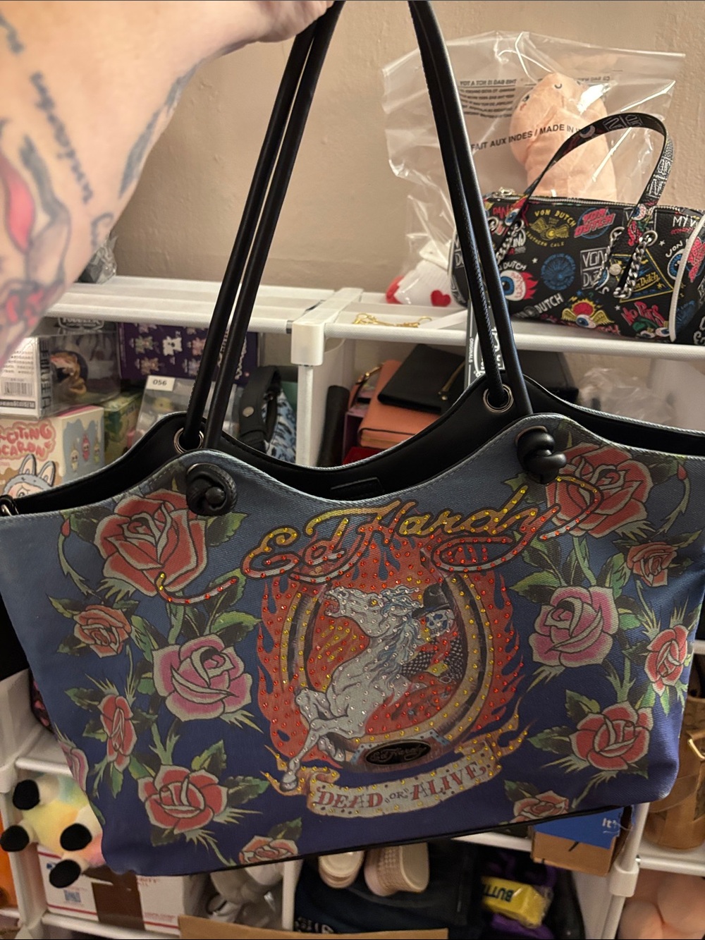 Ed Hardy Denim Floral Tote Bag NWT